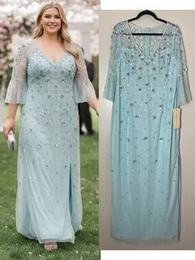 NWT Adrianna Papell Dress 16W Blue Mother of the Bride Wedding Guest Formal Gown
